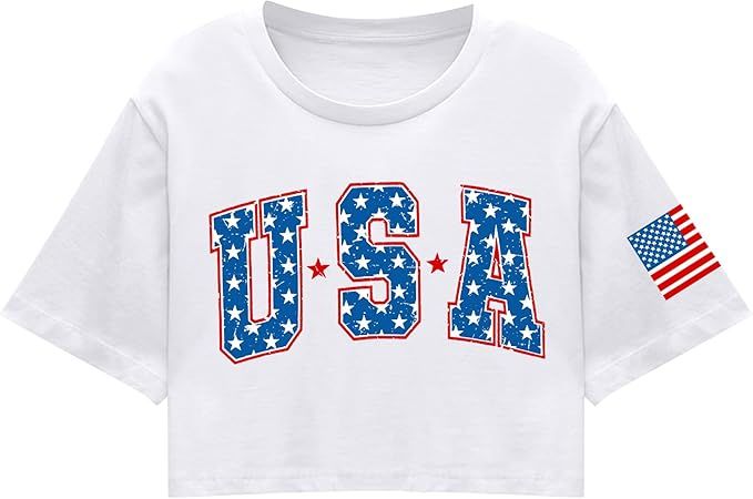 American Flag Crop Tops Women USA Crop Shirt Patriotic 4th of July Tee Memorial Day Tshirt Girls ... | Amazon (US)