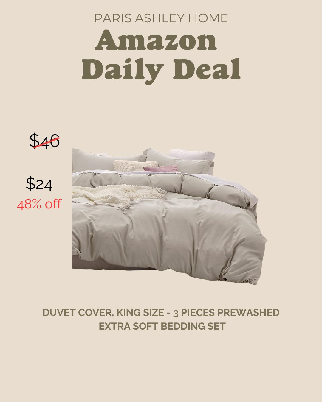 Amazon Daily Deal! 

Duvet Cover, King Size - 3 Pieces Prewashed, Extra Soft Bedding Set
  

 #LTKSpringSale #LTKHome #LTKSaleAlert