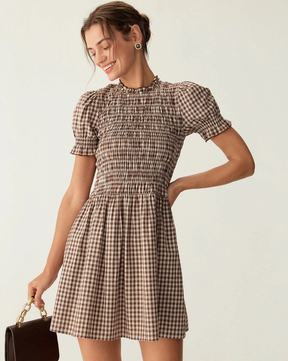Coffee Plaid Puffed Sleeve Mini Dress | rihoas.com