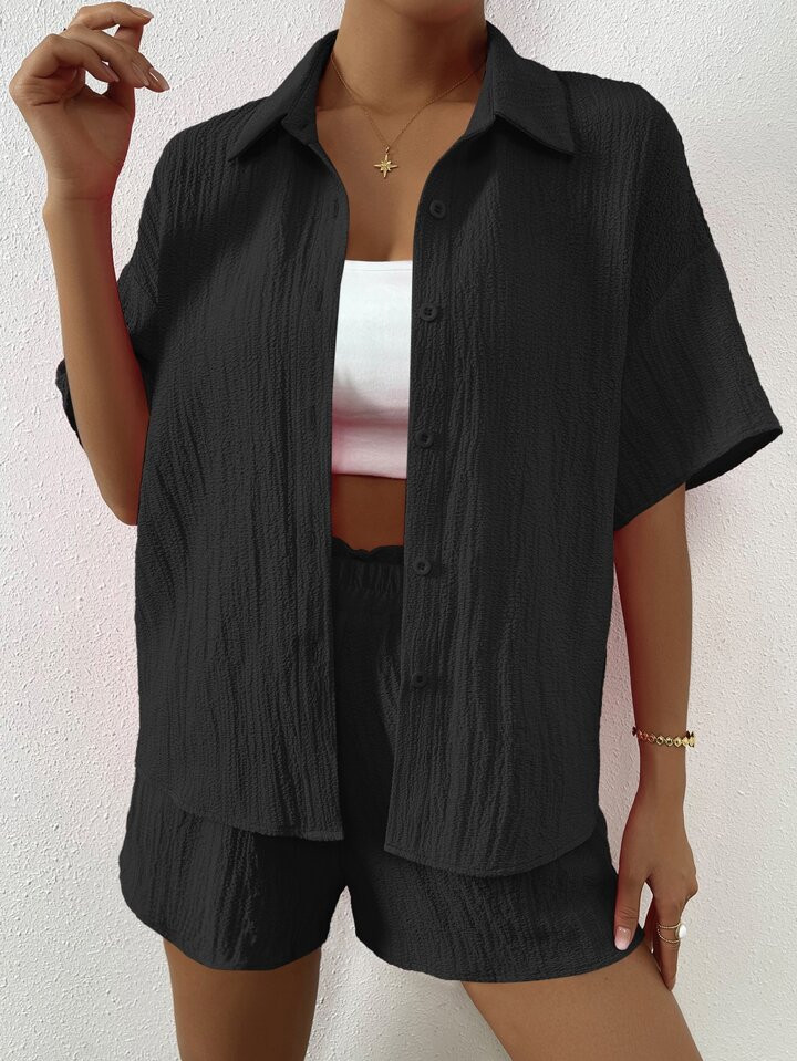 SHEIN EZwear Solid Drop Shoulder Shirt & Shorts Set | SHEIN