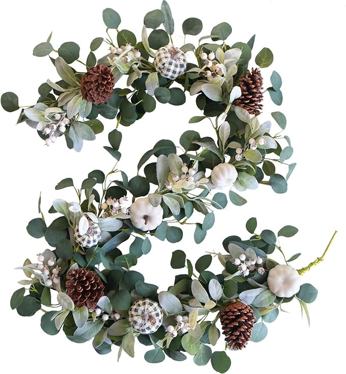 TEMPUS White Pumkin Garland 5.9Ft Artificial Eucalyptus Garland with Pumpkins Pine Cones Lamb Ear... | Amazon (US)