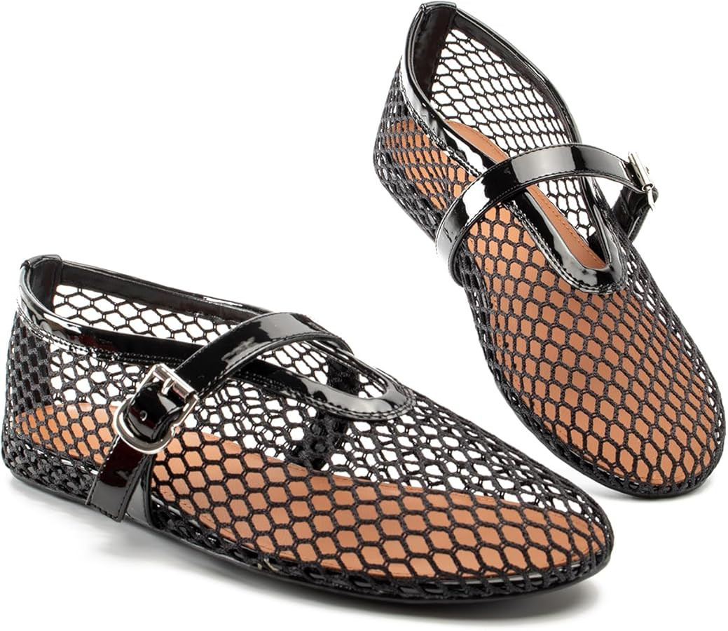 Women Mesh Flats Buckle Strap Round Toe Comfy Causal Ballet Flats Fashion Mary Jane Fishnet Balle... | Amazon (US)