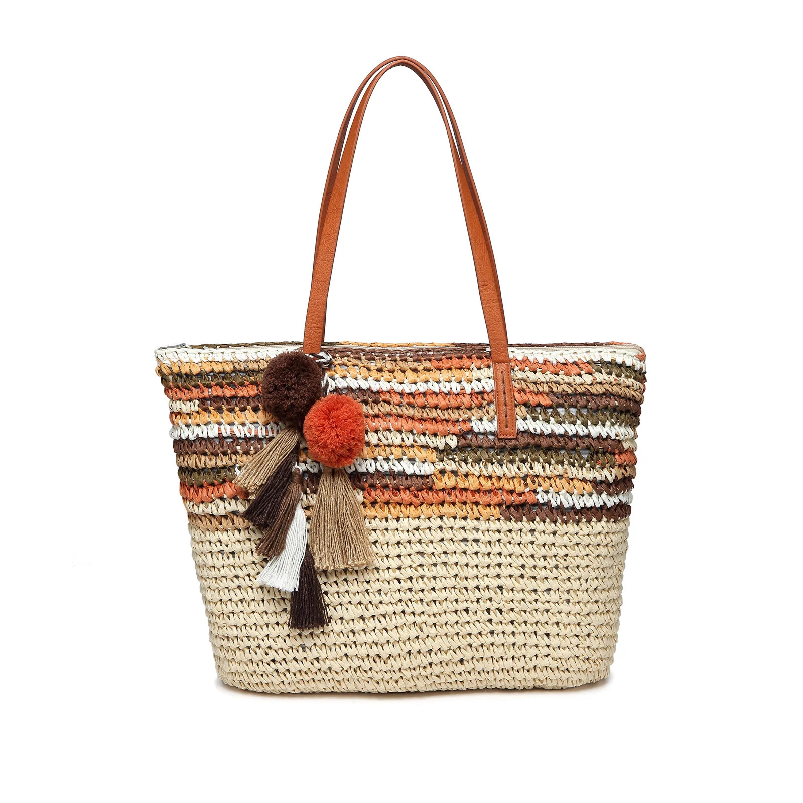 Summer Beach Tote With Vegan Leather Handles, Pom Poms & Tassels | Daisy Rose