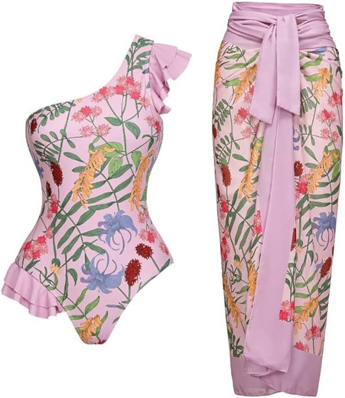 IMEKIS Women 2 Pieces Beach Swimsuit Floral Print Tropical Bikini Swimsuit with Cover up Wrap Ski... | Amazon (US)