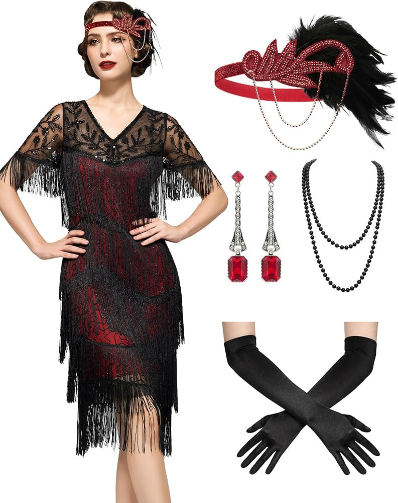 SWEETV 1920s Flapper Dresses for Women,Fringed Roaring 20s Costumes, Sequin Great Gatsby Dresses ... | Amazon (US)