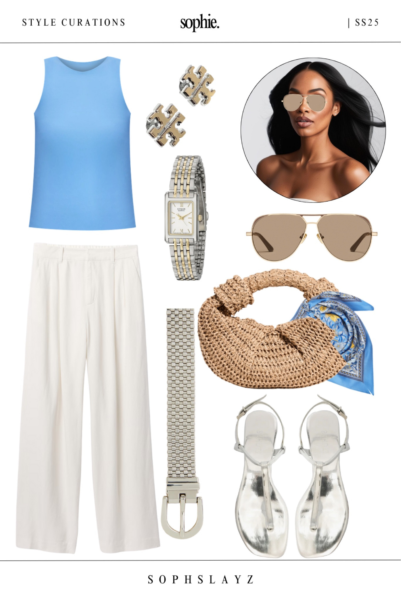 Light, luxe, and easy to wear. From my SS25 capsule wardrobe, this look includes a sky blue sleeveless tank, white high-rise trousers, silver accessories, and a woven top-handle bag styled with a blue silk scarf.
Wear this to: a summer museum visit, vacation brunch, or rooftop cafés. Full SS25 Capsule Wardrobe linked on my profile. 

#LTKSummerEdit #LTKWorkwear #LTKStyleTip