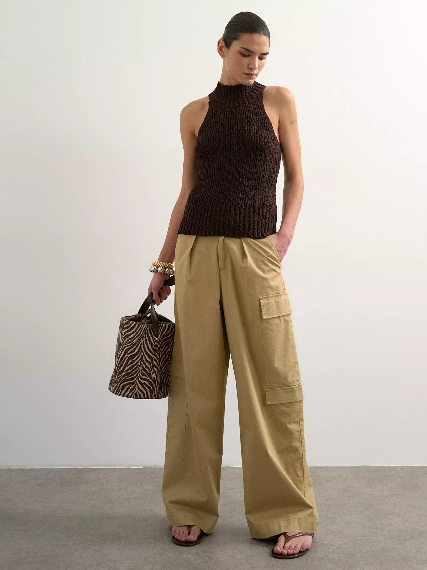 Topshop Wide Leg Tie Waist Cotton Blend Cargo Trousers, Beige | John Lewis (UK)