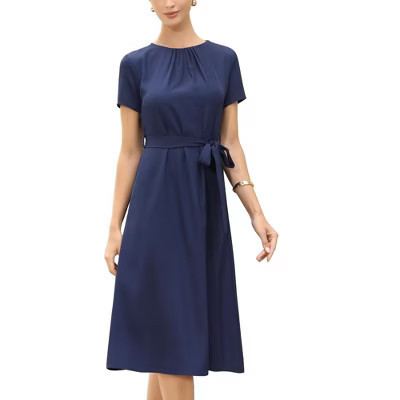 INSPIRE CHIC Women's Summer Work Pleated Short Sleeve Crew Neck Belted A Line Midi Dresses Small Navy Blue | Target