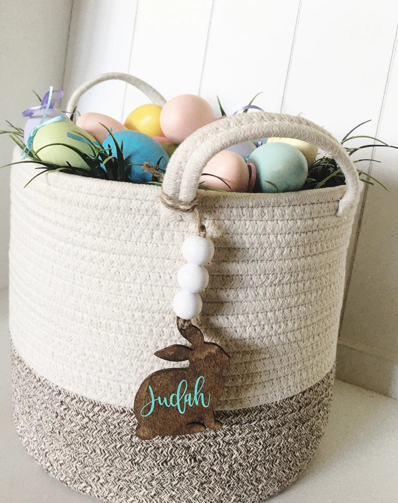 Farmhouse Boho Wood Easter Basket Bunny Tags | Etsy | Etsy (US)