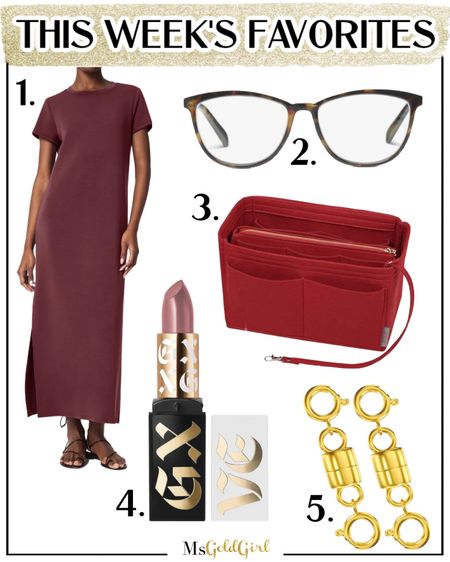 My Favorites of the Week:
1. The most versatile and flattering t-shirt dress that comes in several neutral colors. Have it in a small. Use code MARNIExSPANX to get 10% off.

2, My current favorite readers-still oversized but a more delicate frame. Comes in multiple frame colors, different strengths and even just in blue light blockers.

3. This is the insert I use in my woven tote and LV Neverfull MM. I have the medium size.

4. The shade Screen My Calls is PERFECT!!

5. These magnetic clasps make it so easy for me to get my necklaces on and off! A total game changer!

#amazonfinds #fashionover40 #fashionover50 #traveloutfit 

#LTKover40 #LTKfindsunder50 #LTKitbag
