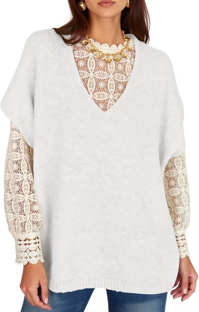 Yousify Womens Oversized Sweater Vest Batwing Short Sleeve V Neck Knit Tops Casual Loose Fit Pull... | Amazon (US)