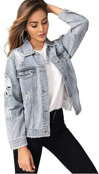 Floerns Women's Ripped Distressed Casual Long Sleeve Denim Jacket | Amazon (US)