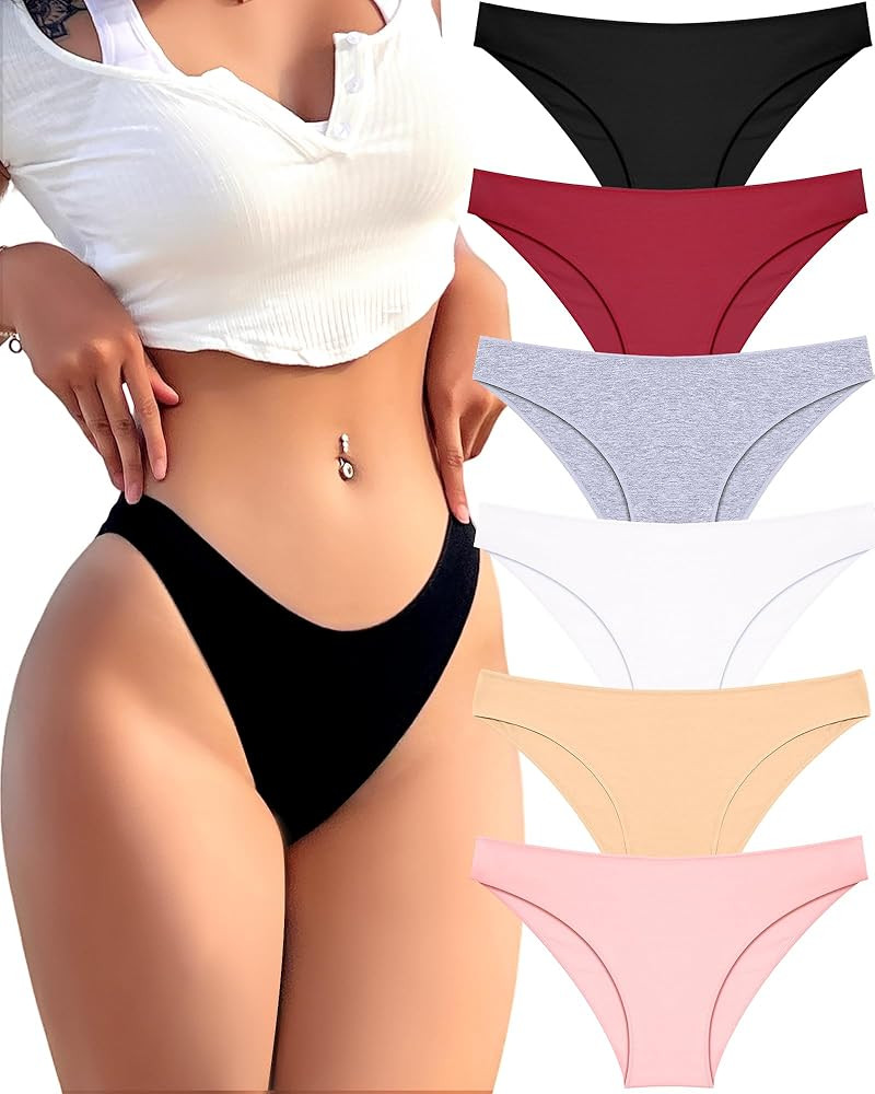 FINETOO 6 Pack Cotton Underwear for Women Cute Low Rise Bikini Panties High Cut Breathable Sexy H... | Amazon (US)