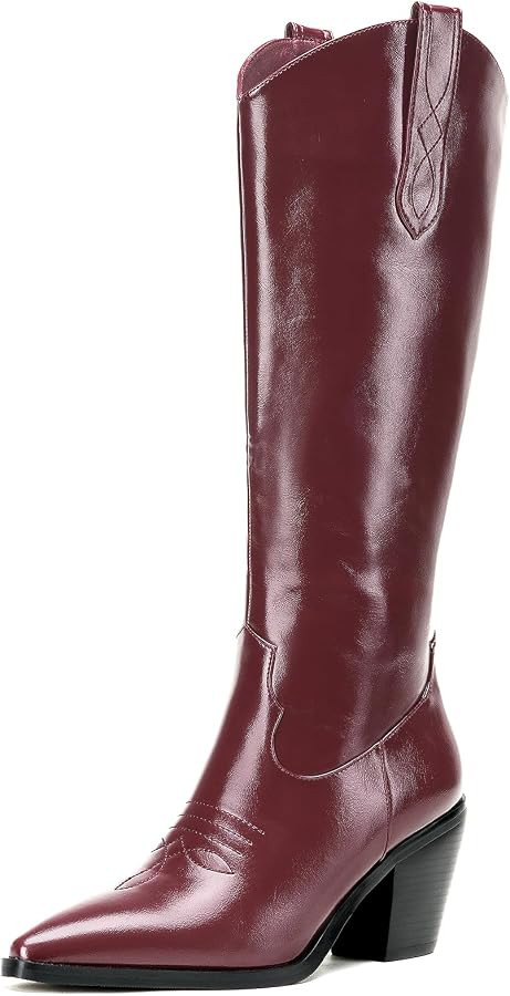 Cozivwaiy Women's Knee High Cowboy Boot Burgundy Cowgirl Boots Western Tall Chunky Heel Side Zipp... | Amazon (US)