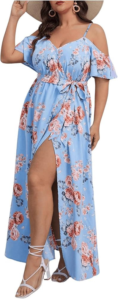 Floerns Women's Plus Size Cold Shoulder Short Sleeve Split Thigh Long Dress | Amazon (US)