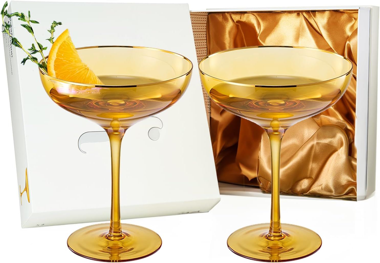 Colored Sunset Amber & Gilded Rim Coupe Glass, 9oz Cocktail & Champagne Glasses 2-Set Vibrant Col... | Amazon (US)