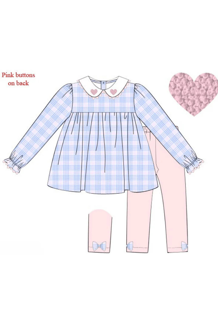 Pre-Order French Knot Heart Pink/Blue Seersucker Plaid Pant Set | The Smocked Flamingo