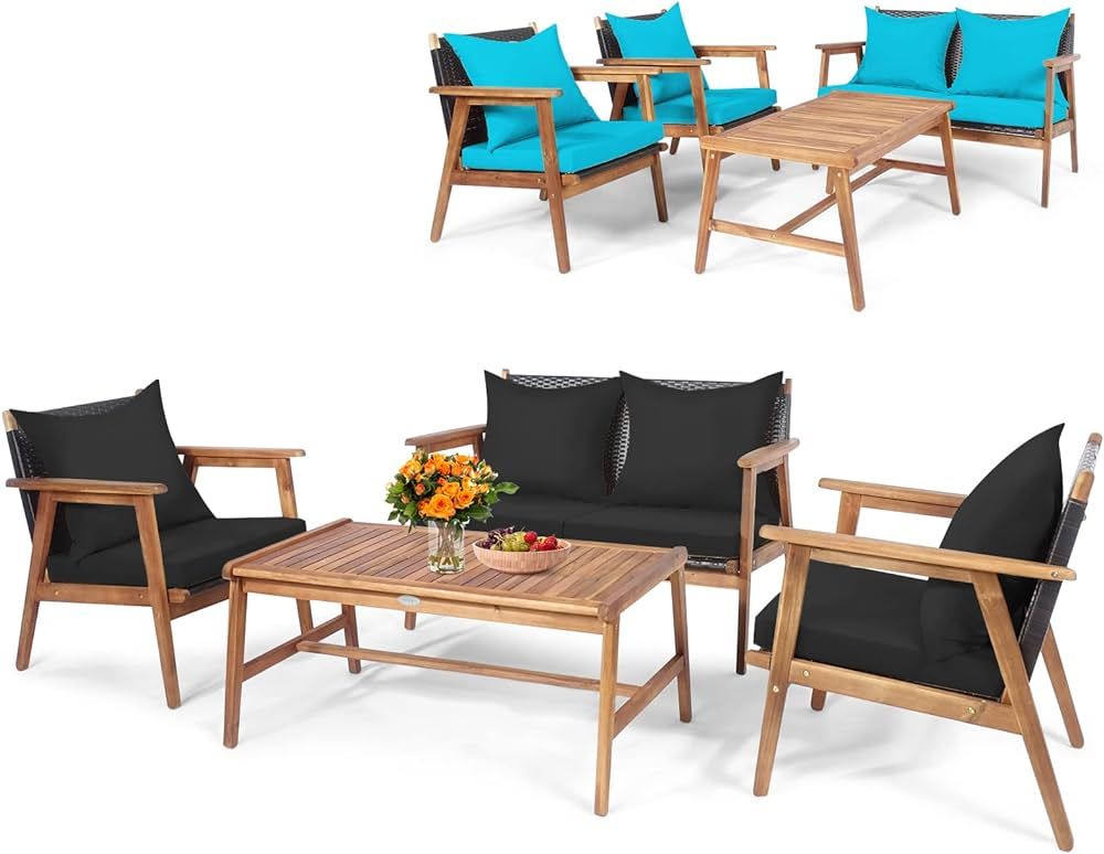 Tangkula 4-Piece Patio Furniture Set, Outdoor Acacia Wood Conversation Set with Cushions and Coff... | Amazon (US)