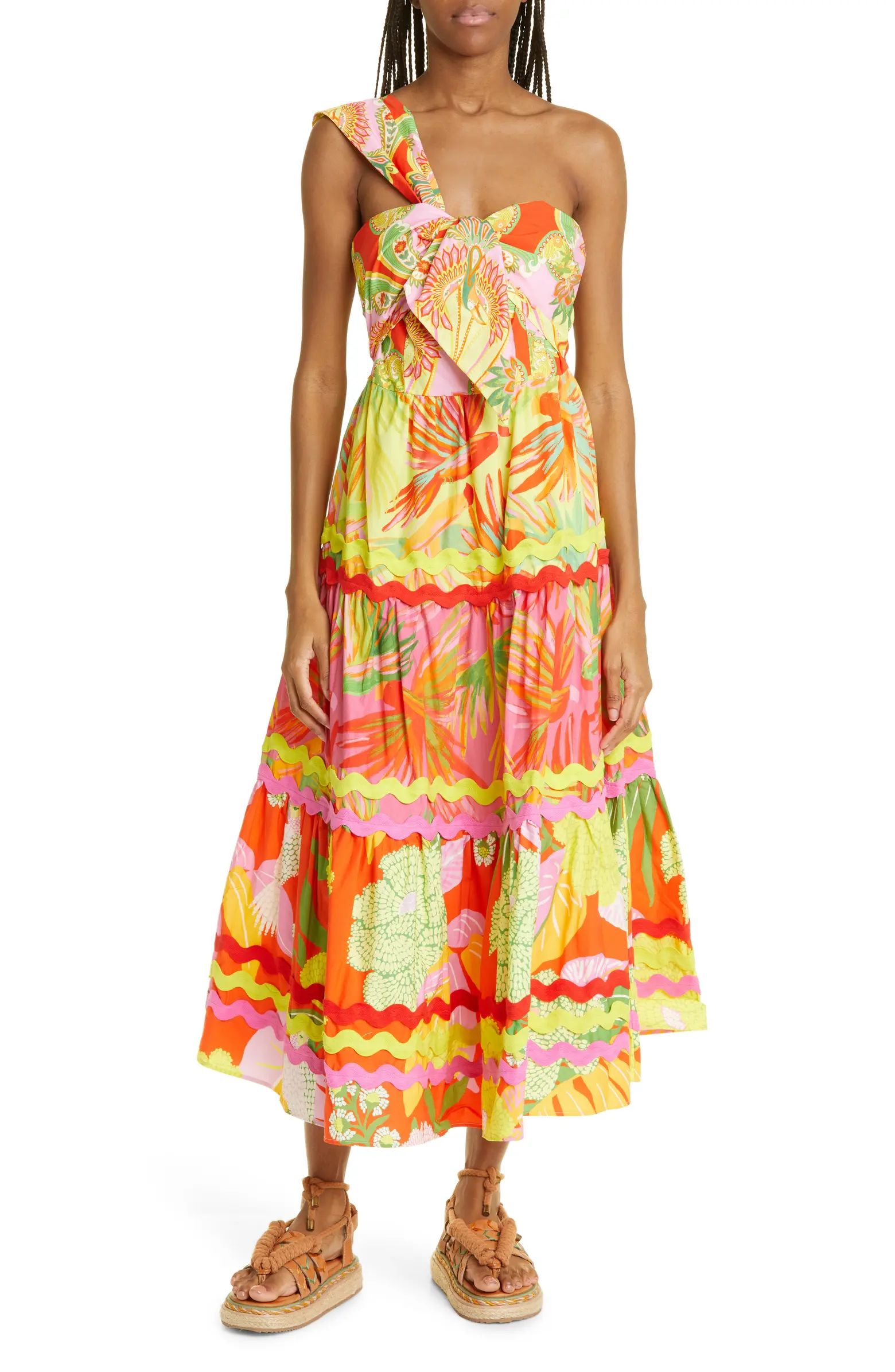 Mix Print One-Shoulder Tiered Cotton Dress | Nordstrom