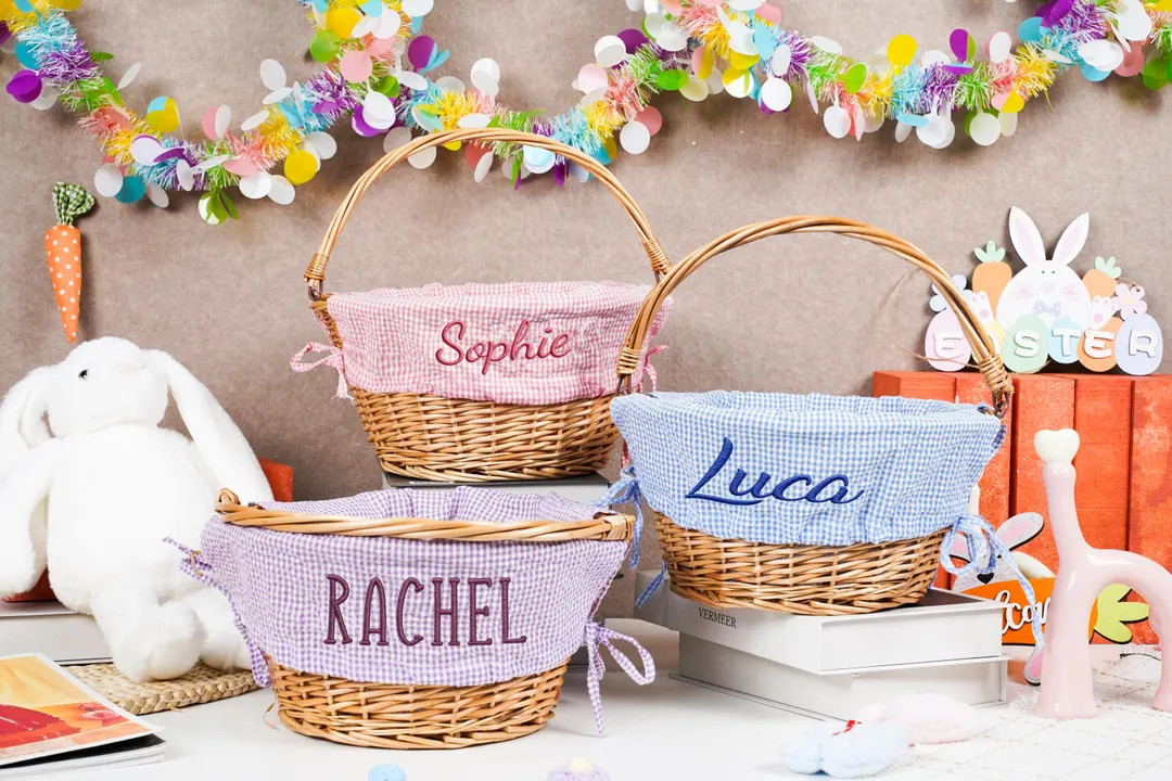Personalized Wicker Easter Basket with Personalized Seersucker Liner, Customized Easter Basket wi... | Etsy (US)