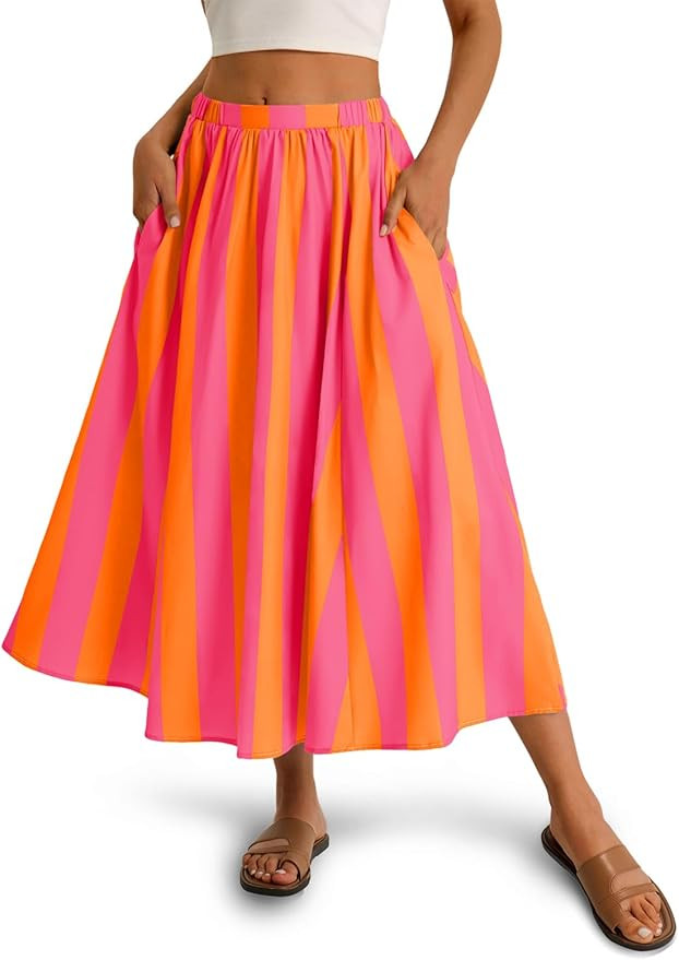 Womens Summer Striped Maxi Skirts A-Line Elastic Waist Flowy Skirt Beach Vacation Outfits | Amazon (US)