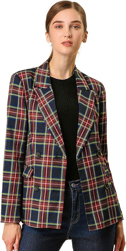 Allegra K Women's Notched Lapel Double Breasted Plaid Work Formal Blazer Jacket | Amazon (US)