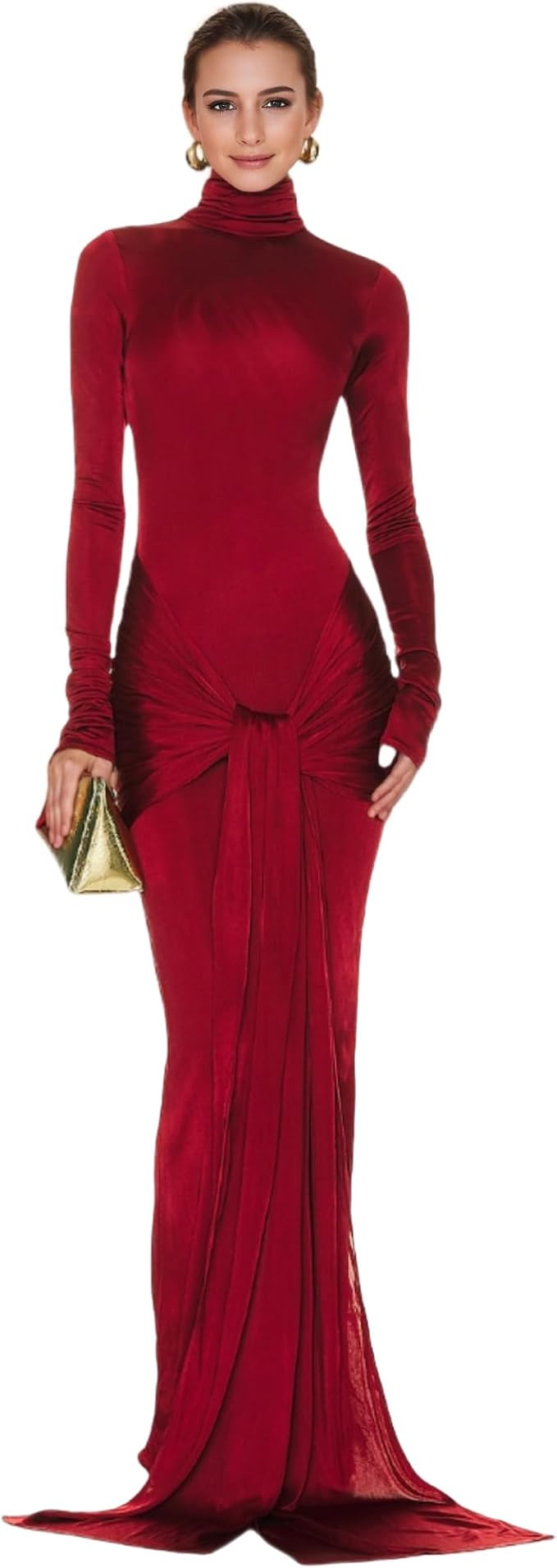 JUMISEE Women's Sexy High Neck Long Sleeve Maxi Dress Elegant Tie Waist Bodycon Long Dress Cockta... | Amazon (US)