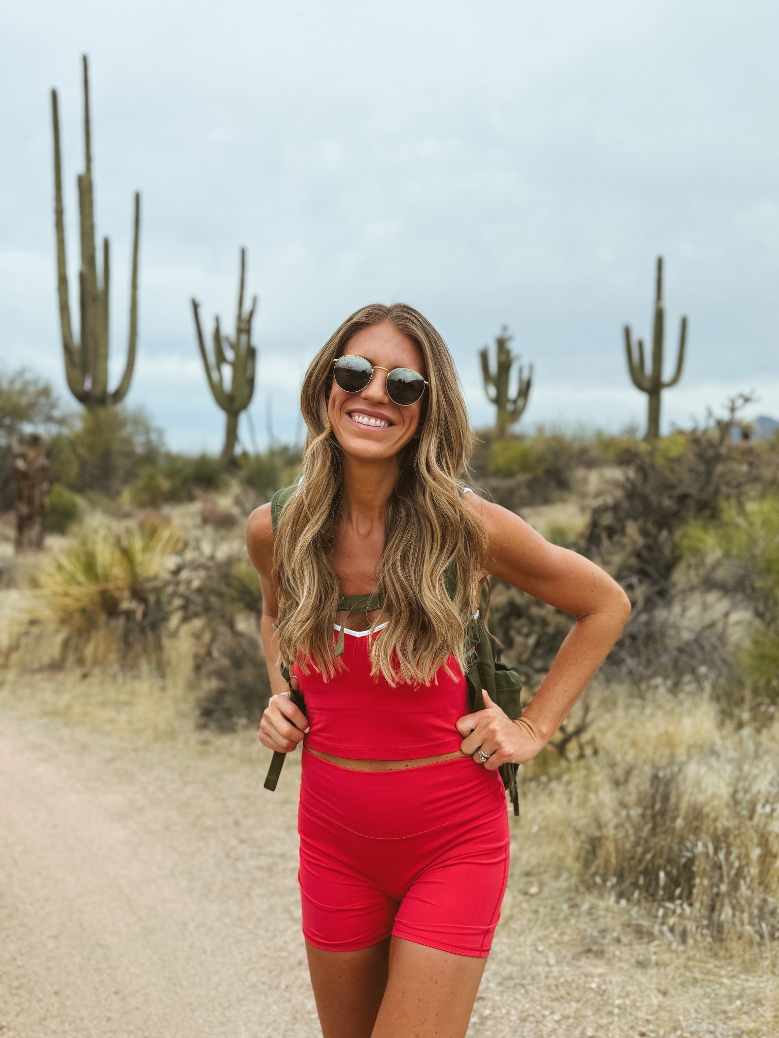 Todays hiking outfit for Arizona. 
Top and shorts run tts! Top is padded 

Hiking outfit | activewear | vacation outfit | arizona outfit | YPB | Abercrombie | biker shorts 

#LTKActive #LTKSeasonal #LTKTravel