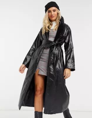 Daisy Street longline coat with faux fur trim in vinyl | ASOS (Global)