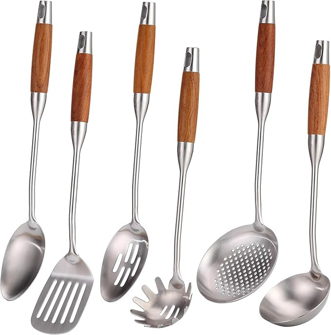 18/10 Stainless Steel Kitchen Utensils Set with Wood Handle - 15” Long Metal Cooking Tools - Se... | Amazon (US)