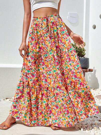 SHEIN VCAY Allover Floral Print Ruffle Hem Skirt | SHEIN