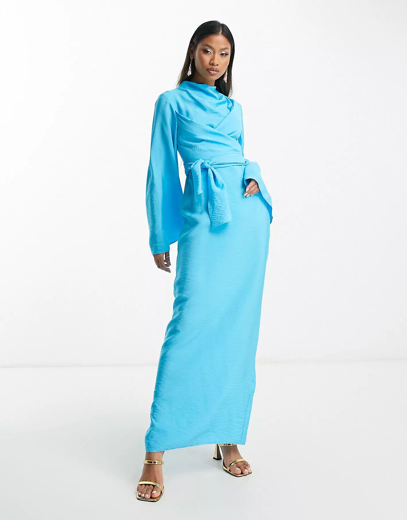 ASOS DESIGN high neck maxi dress with wrap waist and fluted sleeve in turquoise | ASOS (Global)