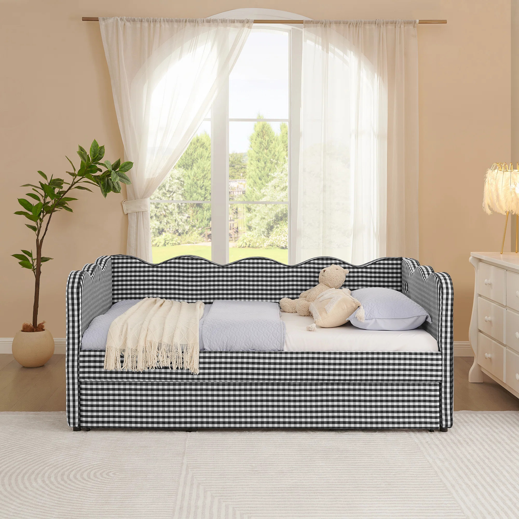 Twin Size Linen Fabric Cozy Gingham Daybed with Trundle and USB Port | Wayfair North America