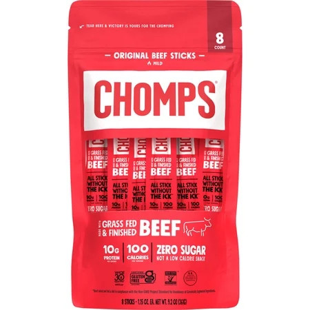 Chomps Grass-Fed And Finished Original Beef Jerky Meat Snack (8 Count) | Walmart (US)