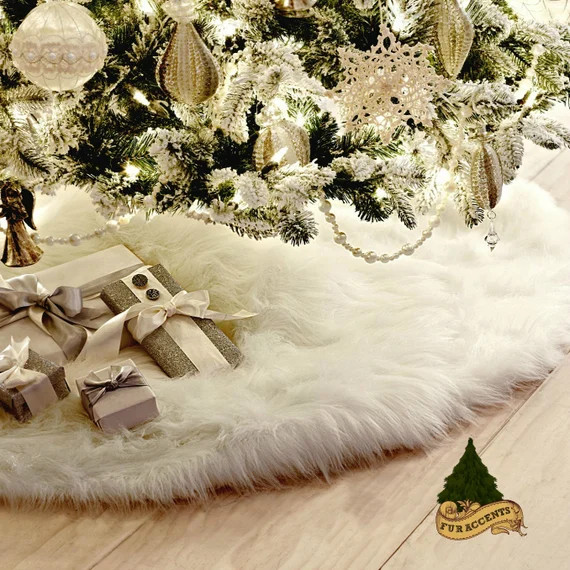 Classic Faux Fur Christmas Tree Skirt - Shaggy Shag Faux Sheepskin Round  - White and Off White -... | Etsy (US)