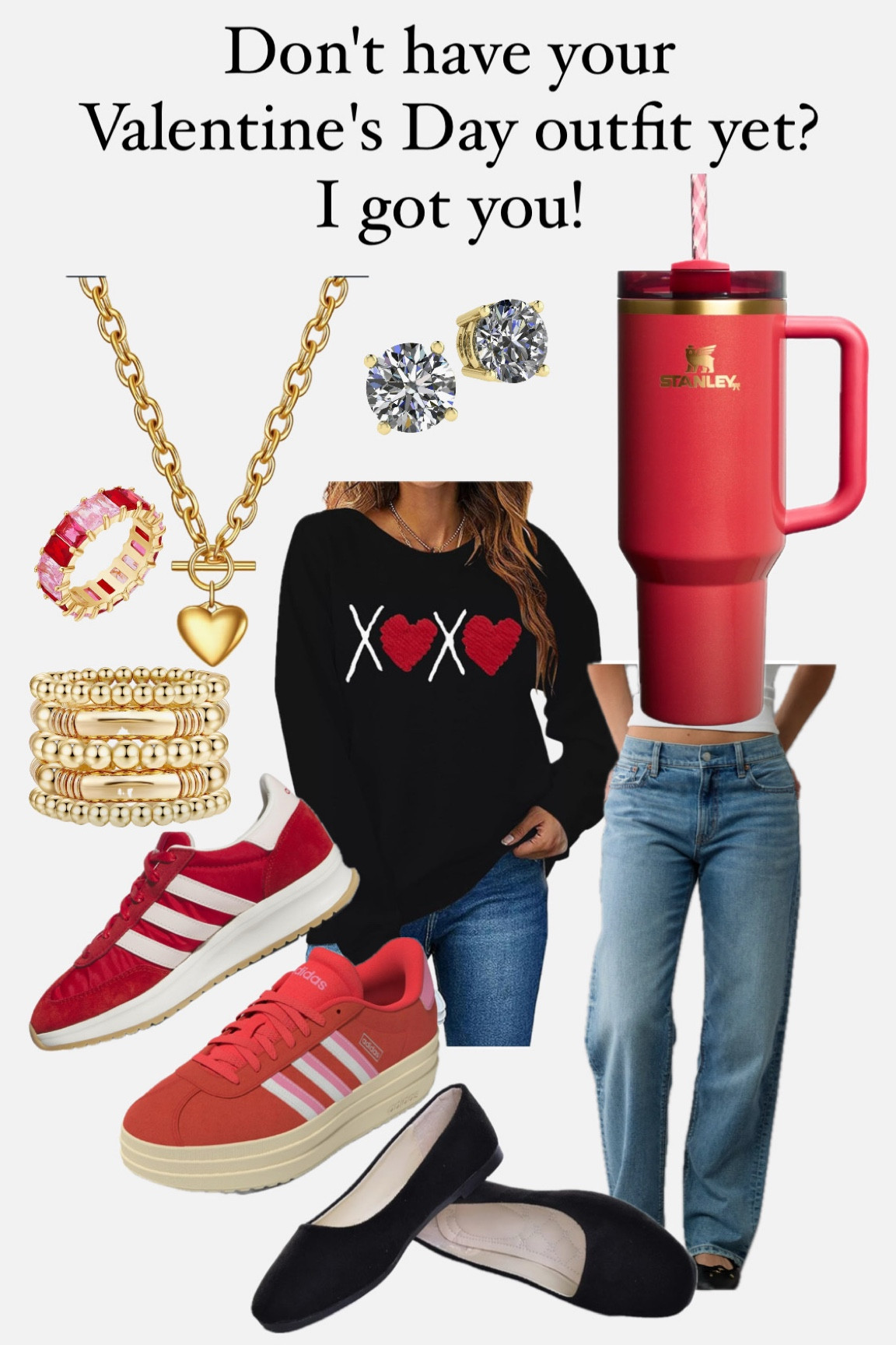 #valentinesdayoutfit #redsneakers #outfitoftheday #ootd #stanley #valentinestanley #fauxdiamondearrings #diamondstuds #heartshirt #heartsweater #boyfriendjeans #bestjeans #midrisejeans  #diamondearrings #valentinesgift #forher #heartnecklace 

#LTKGiftGuide