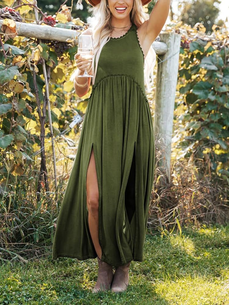 Women's Maxi Dress Summer Sleeveless Crewneck Swing Sundress Casual Loose Long Dresses with Pocke... | Amazon (US)