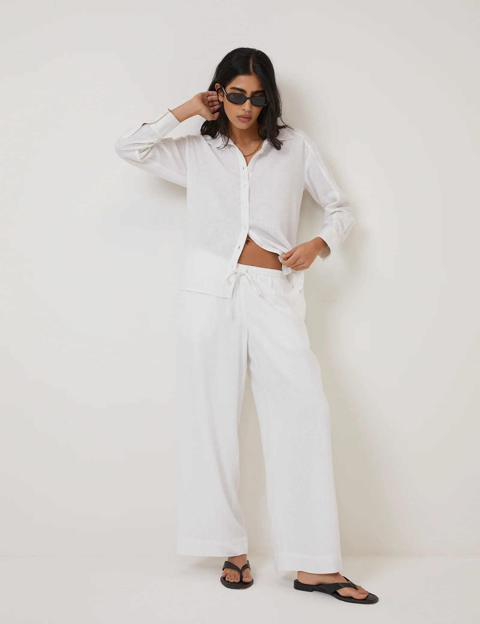 White Linen-Blend Low Waisted Straight Leg Trousers | Nobody's Child