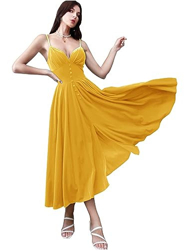Xsqmbwb Spaghetti Strap Yellow Party Dress Velvet A Line V Neck Tea Length Formal Evening Dresses with Slit US16 | Amazon (US)