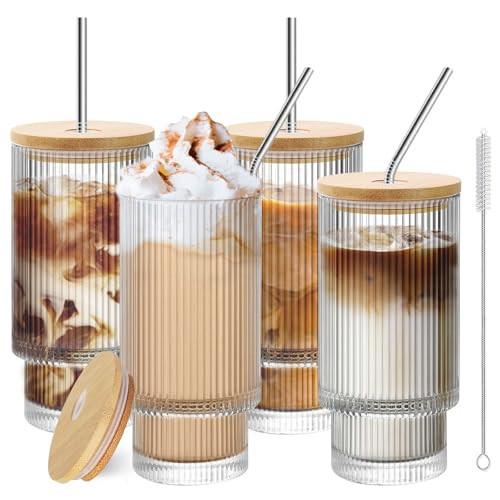 RÉΑLWÁY 16oz Glass Cups with Lids and Straws - 4 Pack Iced Coffee Cups, Clear Tumbler with Bamboo Lid & Straw, Reusable Ribbed Glassware for Matcha, Smoothie, Cocktail,Juice | Amazon (US)
