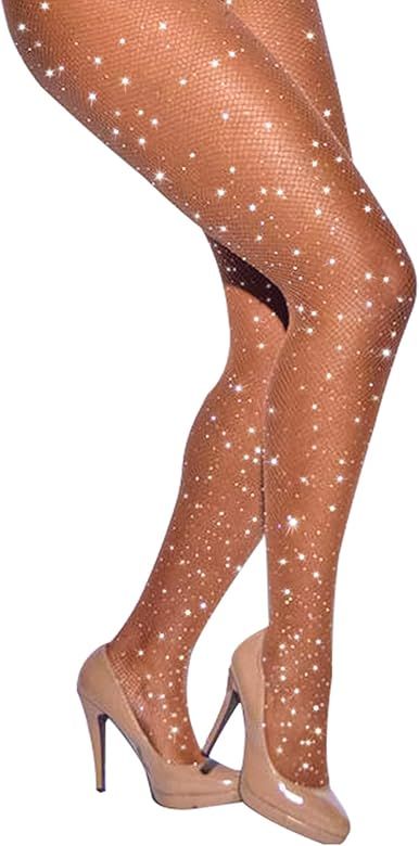 LUCKELF Sexy High Waist Tights Sparkle Rhinestone Fishnets Party Rhinestone Mesh Stockings | Amazon (US)