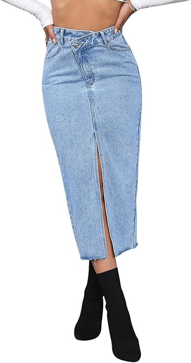 SweatyRocks Women's Casual High Waist Denim Skirt Split Hem Raw Trim Midi Jean Skirts | Amazon (US)