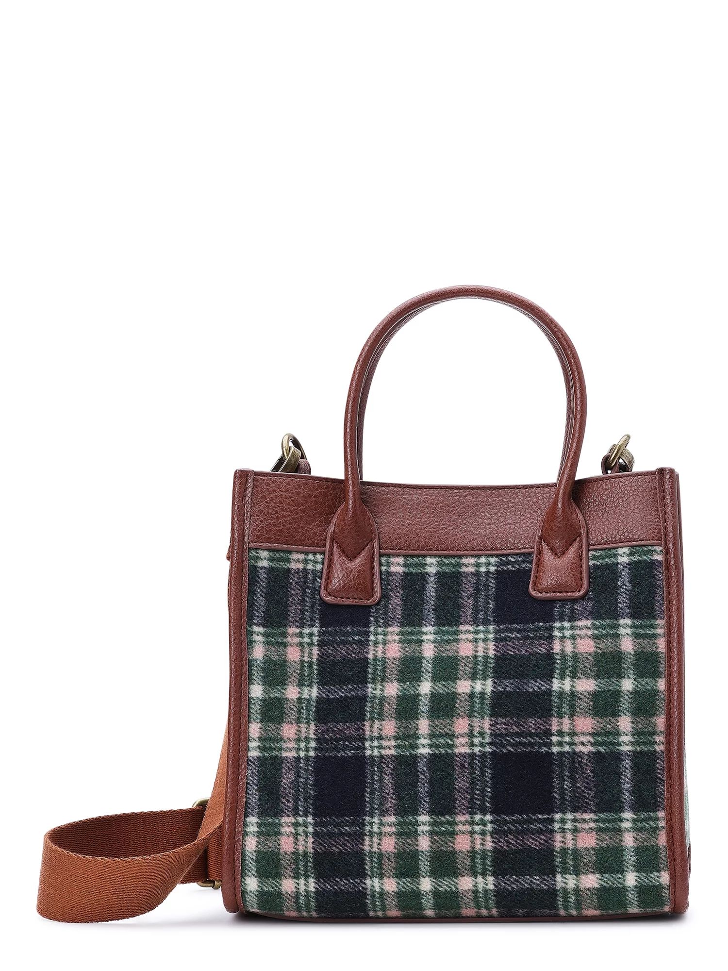 Time and Tru Women's Plaid Mini Tote Bag with Removable Strap, Navy Plaid | Walmart (US)
