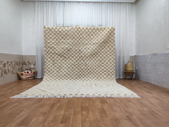 Large Light Beige and White Checkered Rug Moroccan Berber - Etsy | Etsy (US)