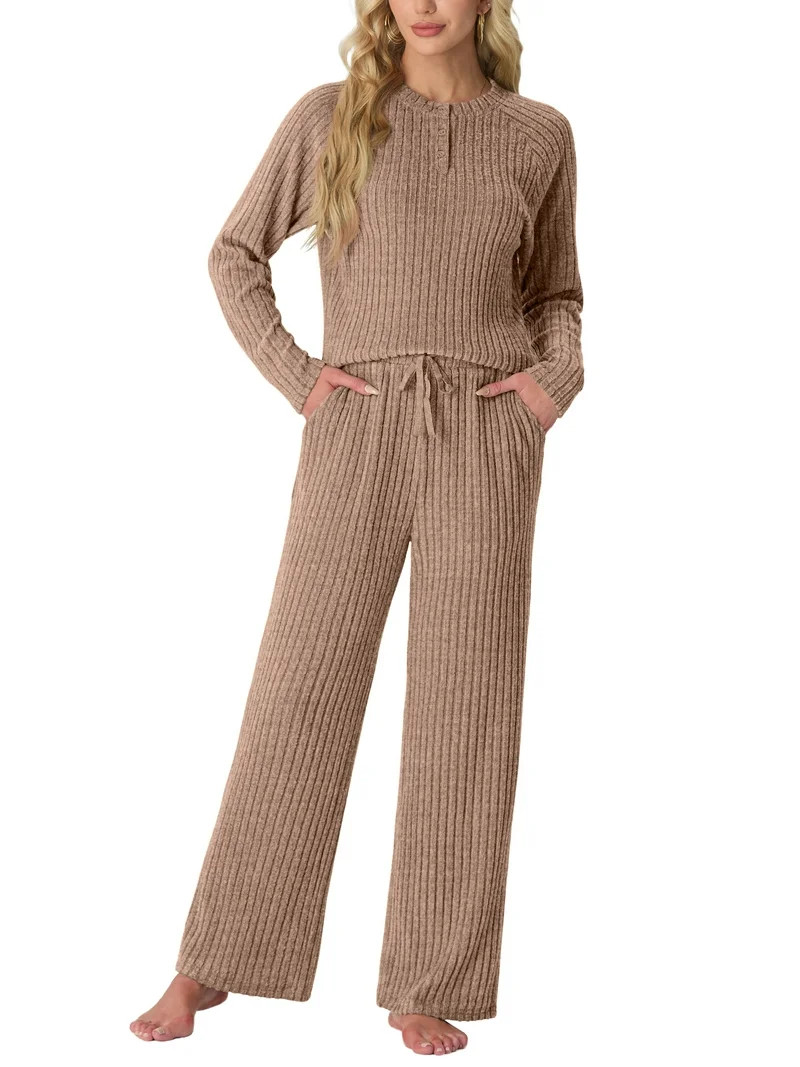 MINTREUS Women's Pajama Set Long Sleeve Lounge Set Ribbed knit Sleepwear Two Piece Pjs Set with P... | Walmart (US)