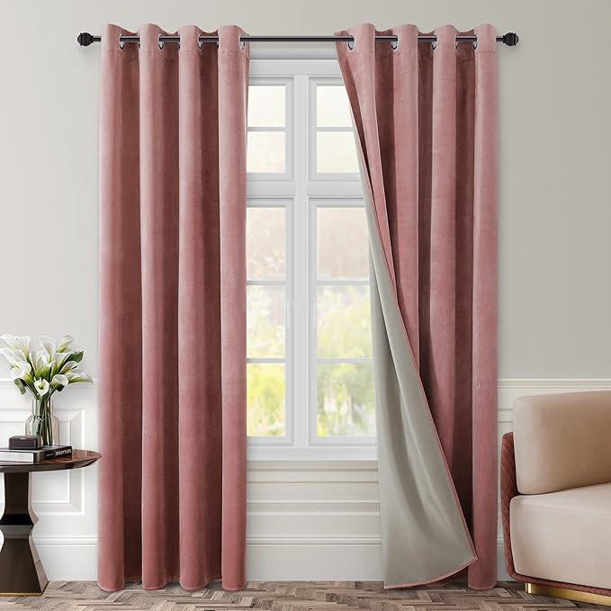 HOMEIDEAS 100% Blackout Velvet Curtains 2 Panels Blush Pink Blackout Curtains for Bedroom/Living ... | Amazon (US)