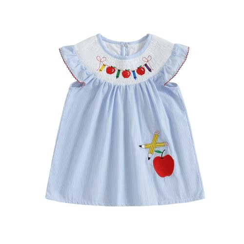 1-5Y Toddler Baby Girl First Day of The School Dress Smocked Apple Pencil Embroidery Stripe Dresses Kindergarten Clothes (Blue, 3-4 Years) | Amazon (US)