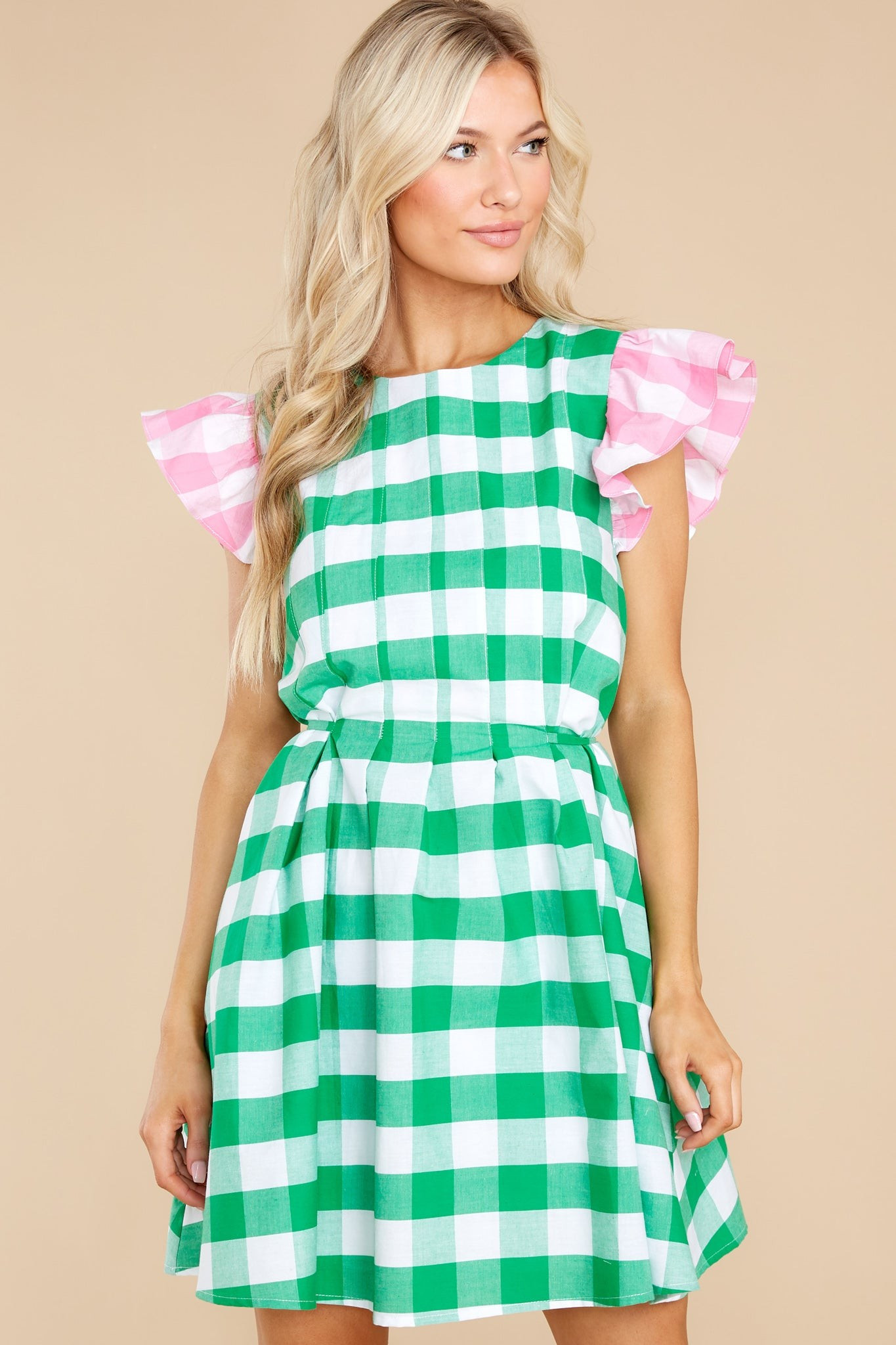 Charm Your Way Green And Pink Gingham Dress | Red Dress 