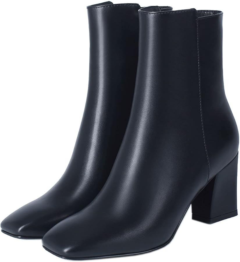 SHEMEE Women's Square Toe Block Heels Booties Chunky High Heeled Side Zipper Ankle Boots Shoes | Amazon (US)