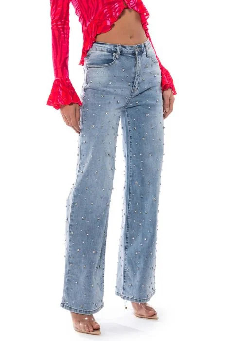 EVERYTIME RHINESTONE EMBELLISHED STRAIGHT LEG JEANS IN MEDIUM BLUE DENIM | AKIRA